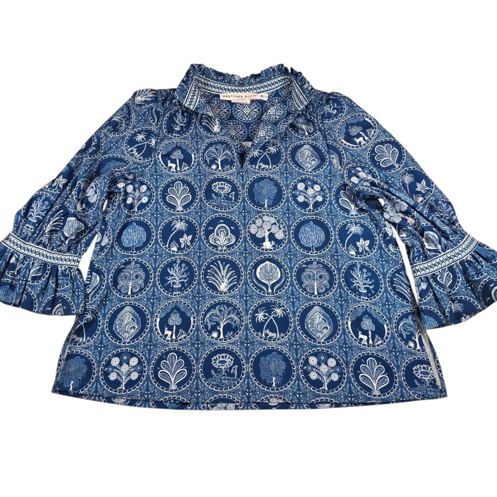 Gretchen Scott Ruffle Neck Navy "Circle Of Love" Print Tunic Top Women's Size M
